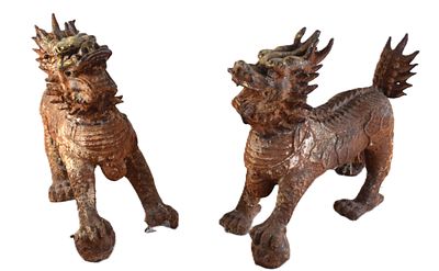 Pair Of Temple Guardian Lions. Pair of 18th-19th century Chinese/Tibetan temple guardian lions 