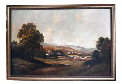 A. Spenser Oil Painting. Framed oil on canvas painting of a New England rural scene with village 