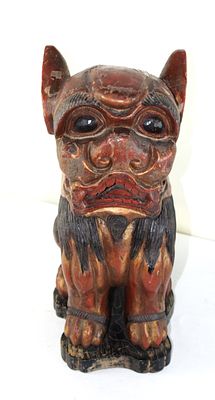 Large Carved Foo Dog. Large hand carved Chinese wooden Foo Dog in a seated position. Well 