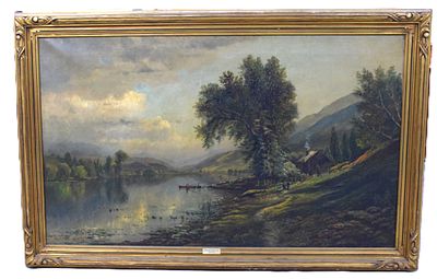 Edmund Darch Lewis Hudson River Painting. Framed oil on canvas Hudson River scene signed lower 