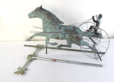 Sulky Weathervane. Running horse sulky weathervane in copper with the driver and sulky and with 