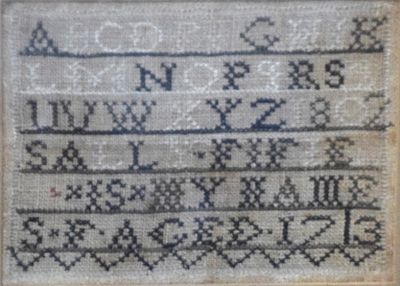 Needlework Sampler. A needlework hand crafted sampler with the ABCs and 123s. History on back 