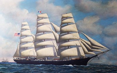 A. Jacobsen Oil Painting Of the Flying Cloud. Gilt framed oil on canvas painting of the "Flying 