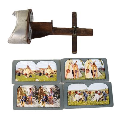 Antique Stereopticon Viewer With Colored Indian Stereo views. 19th Century colored steroviews of 