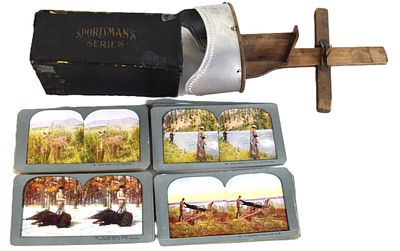 Antique Stereopticon Viewer With Colored Sportsmen Stereo views. Approximately 80 Sportsmen 