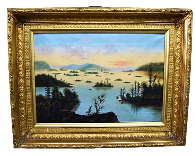 19th Century Seascape Oil Painting. Framed 19th century oil painting on canvas of a lake scene 