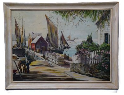 Rockport MA Oil Painting. 20th Century oil on artist board port scene with three sailboats 