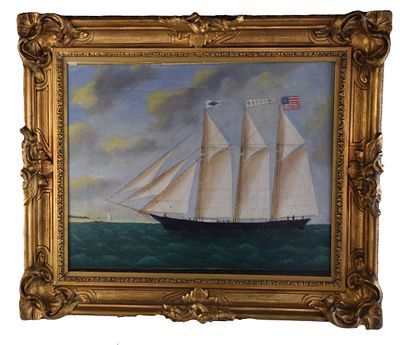 American School Ship Painting. Framed 3 masted ship, Schooner M.D. Marston, oil on board 