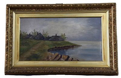 19th Century Seascape. Framed 19th Century oil on artist board seascape with water front 