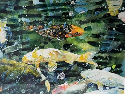 Joseph Raffael. Framed watercolor on paper on board of multiple colored koi fish in a stream 