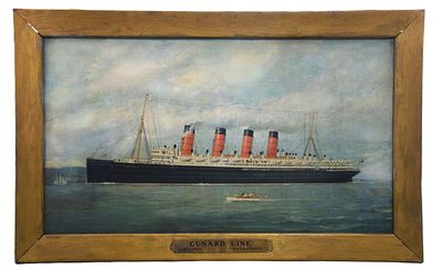 Lusitania Advertising Poster. Oak framed advertising poster for the Cunard Line depicting the 