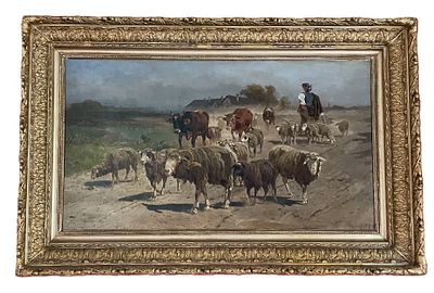 Gustav Ranzoni Shepard Painting. Framed oil on canvas painting of a flock of sheep and a few 