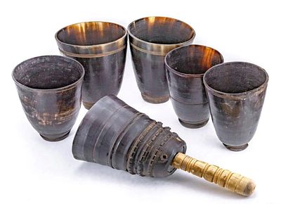 Scarce Colonial Era c.1750's-1770's Sailor "Pirate" made Set of Six Carved Horn Gin/Rum Cups. In 