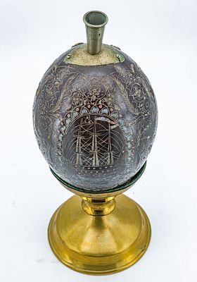 American Sailor Carved & Scratch Art, Polychrome Coconut "Bugbear" Powder Flask. Original 18th 