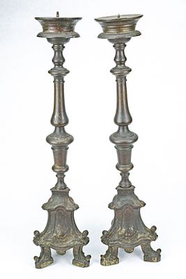 Matched Pair of Late 17th Century Tall Italian Baroque Style Solid Bronze Pricket Alter Candlesticks