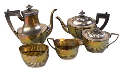 Five Piece Sterling Set. Five piece Sterling silver tea set, reeded design to include coffee pot 