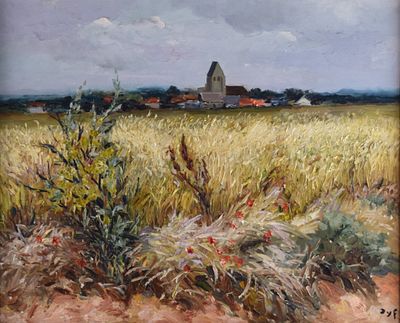 Dyf Wheat Field Bretagne Landscape Oil Painting. Framed oil on canvas landscape of a French 