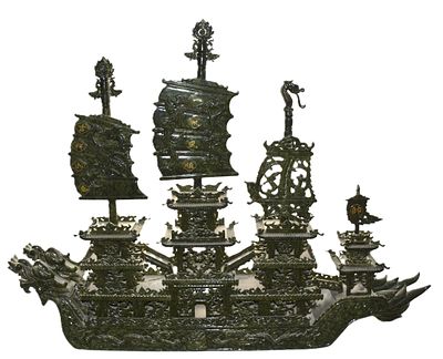 Large Green Jade Emperor's Royal Dragon Ship. A mid-20th century magnificent and large Chinese 