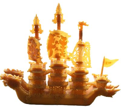 Honey Yellow Jade Royal Dragon Ship. A mid-20th century magnificent and large Chinese carved 