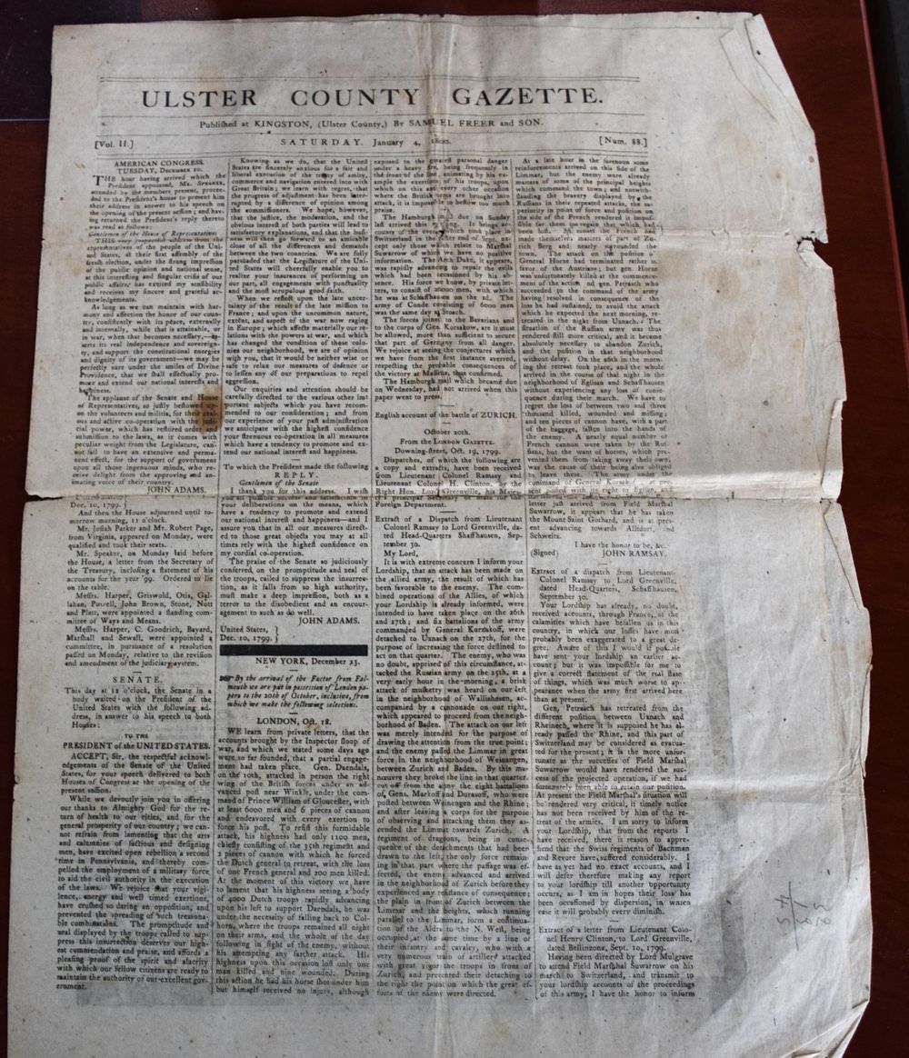 Lot 160: Ulster County Gazette Newspaper Jan 4, 1800 With President John Adams State Of The Union Address