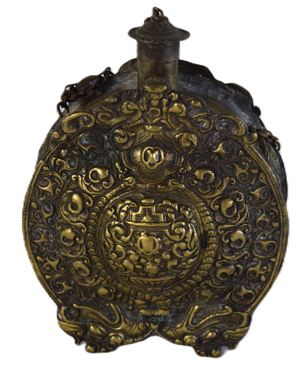 Lot 4: Rare Highly Ornate Antique 18th Century Russian Orthodox Brass & Silver Powder Flask