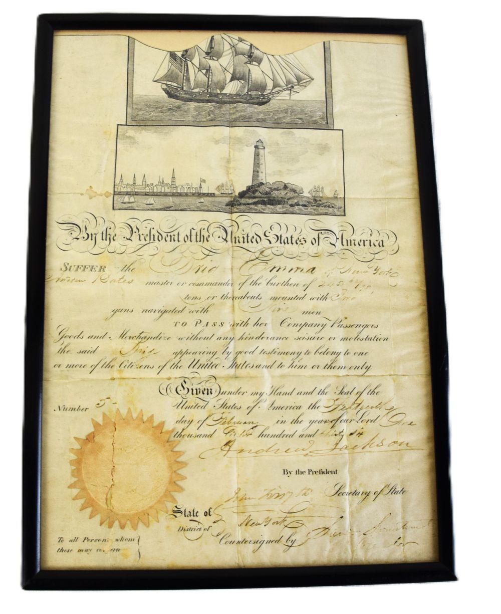 Lot 59: American Mediterranean Ship’s Passport Bearing The Signature Of President Andrew Jackson, Issued For The Brig Emma Of New York.