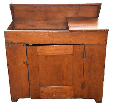 Country Pine Dry Sink. Early country pine dry sink with a single panel door resting on a cut-out 