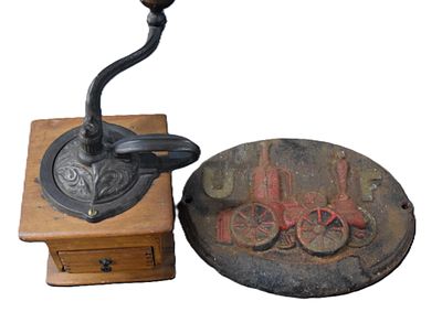 Early Coffee Grinder And Insurance Fire back. Two piece lot to include a coffee grinder, 9" H 