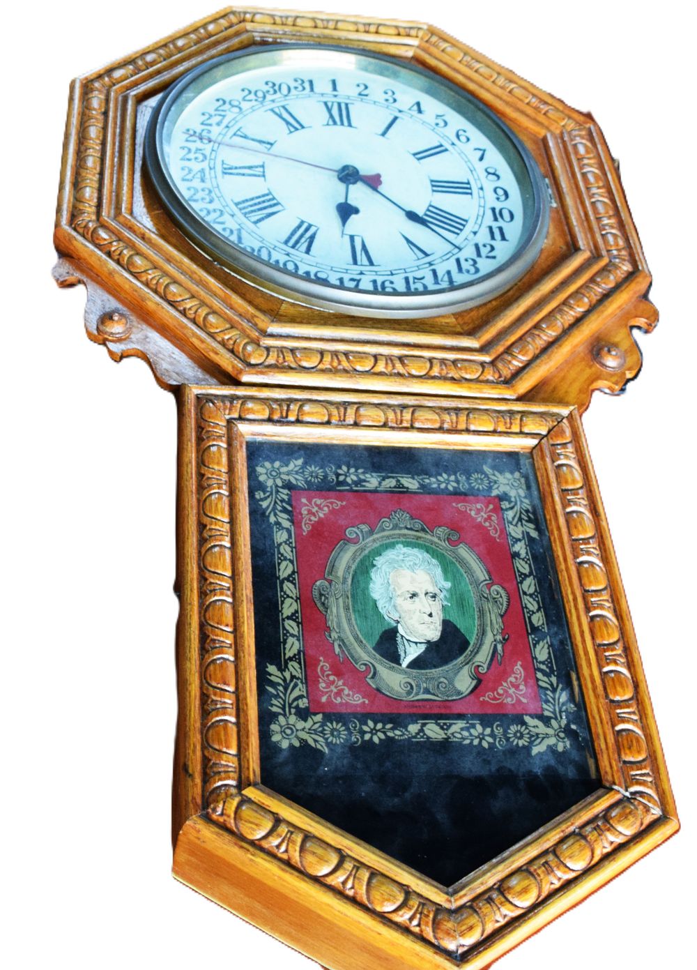 Lot 154: American Drop-octagon Oak Wall Calendar Clock