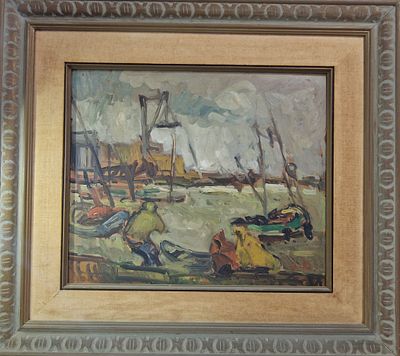 אבי שוורץ
נ. 1938. תאור הפריט: 
נ. 1938 
יום סגריר בנמל יפו 
שמן על דיקט, 55X45 ס"מ, (גודל 