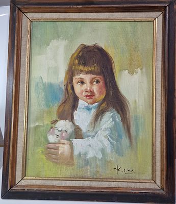 ציור שמן על בד ילדה וכלב, חתום. מידות המסגרת 
53X63 ס"מ