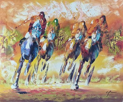 מרוץ סוסים שמן על קנבס מתוח וחתום. מידות 
54X63 ס"מ