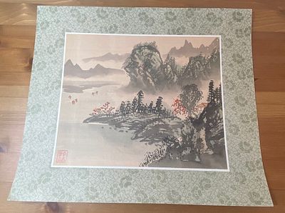 ציור אקוורל יפני על משי על קרטון יצירת מופת מקורית חותמת מאסטר 25.5X21 סמ