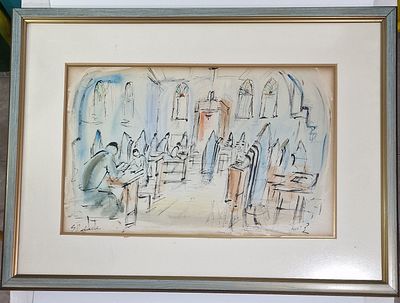 צבי רפאלי תפילות בבית הכנסת חתום וממוסגר. מידות הציור 
49X31 ס"מ