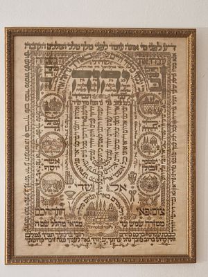 "שוויתי", שלעתים קרובות מאויר, המיועד לתלייה בבית כנסת או בבית להגנה וריכוז במהלך תפילה. העיצוב 