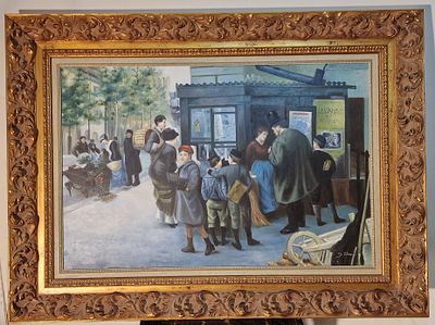 ציור שמן על קנבס גדול מסגרת מפוארת, סצנה אירופאית ישנה. מידות 
115X85 ס"מ