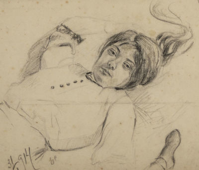 Соловьева Е. Лежащая девушка (на спине). 1914. Бумага, карандаш. Размер 20х24 см. Условно 