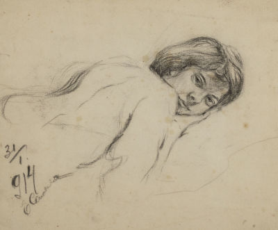 Соловьева Е. Лежащая девушка. 1914. Бумага, карандаш. Размер 20х24 см. Условно хорошее 