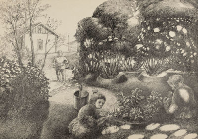 Н/х. Дети работают в саду. Первая половина XX века. Бумага, тушь. Размер 31х43 см. Хорошее 