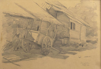 Жаба А. К. Повозка у дома. 1926. Бумага, карандаш. Размер по раме 27х37 см. Хорошее состояние. 