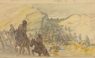 Жаба А. К. Казаки на переправе. Эскиз к картине. 1920-е гг. Бумага, смешанная техника. Размер 