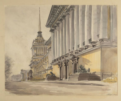 Бернштейн Э. Б. Ленинград. Адмиралтейство. 1952. Бумага, акварель. Размер 39х48 см. Хорошее 