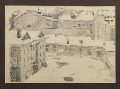 Н. Р. Снежные крыши. 1942. Бумага, карандаш. Размер по раме 30х37 см. Хорошее состояние. На 