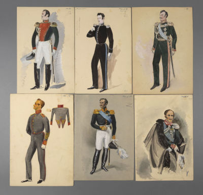[Ленфильм] Калягин В. Г. Эскизы костюмов офицеров. 5 листов. Иллюстрации к постановке &laquo;Пиковая 