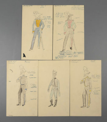 [Ленфильм] Калягин В. Г. Эскизы костюмов офицеров. 5 листов. Иллюстрации к постановке &laquo;Пиковая 