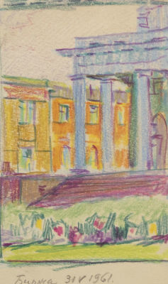 [Архив архитектора] Оленев В. М. Биржа. 1961. Бумага, цветные карандаши. Размер по паспарту 