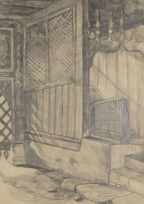 [Архив архитектора] Оленев В. М. Бахчисарай. Вход в Старый дворец. 1930-е гг. Бумага, карандаш. 