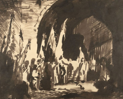 [Архив архитектора] Оленев В. М. Шествие в Бухару. Эскиз. 1948. Бумага, тушь. Размер 30х37 см. Х 