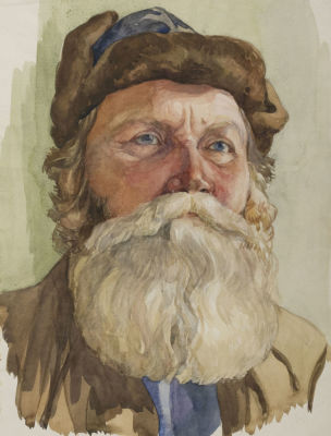 Руденко-Сунцова Н. М. Портрет старого колхозника. 1950. Бумага, акварель. Размер 34х25 см. Хорош 