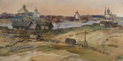 Зачиняев В. Н. Старая Ладога. 1963. Бумага, акварель. Размер 31х62 см. Хорошее состояние. Следы 